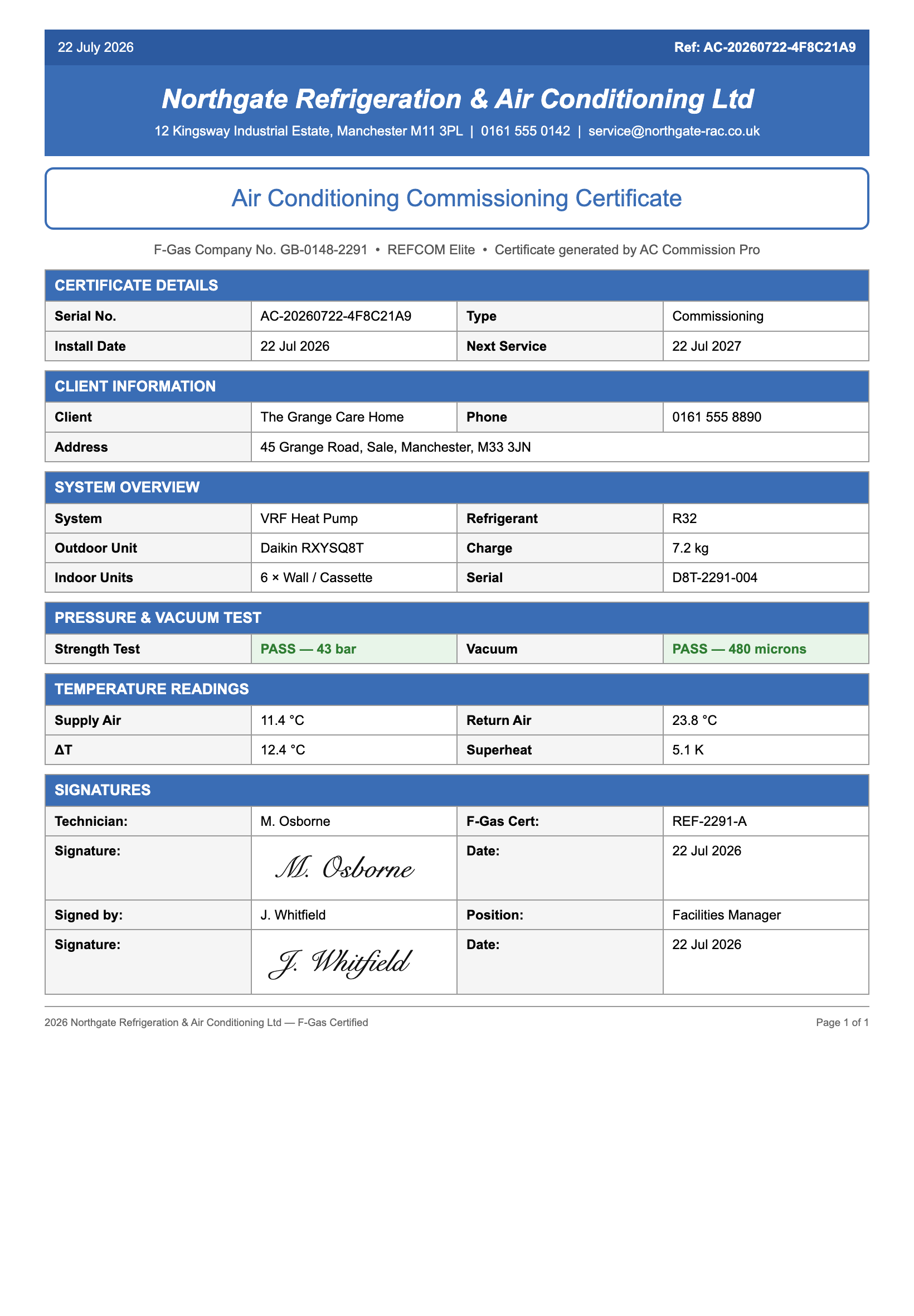 Air conditioning certificate in blue