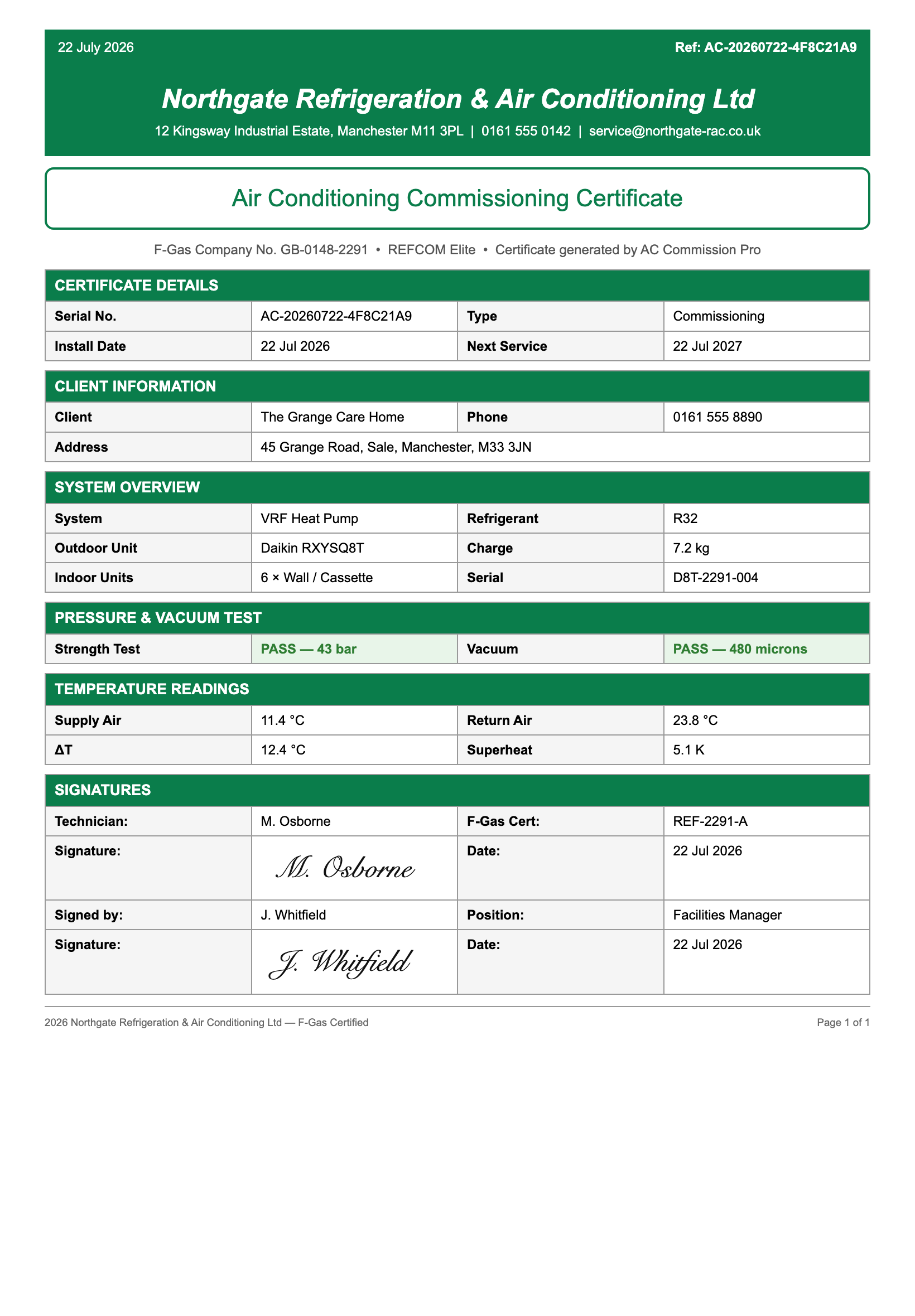 Air conditioning certificate in green