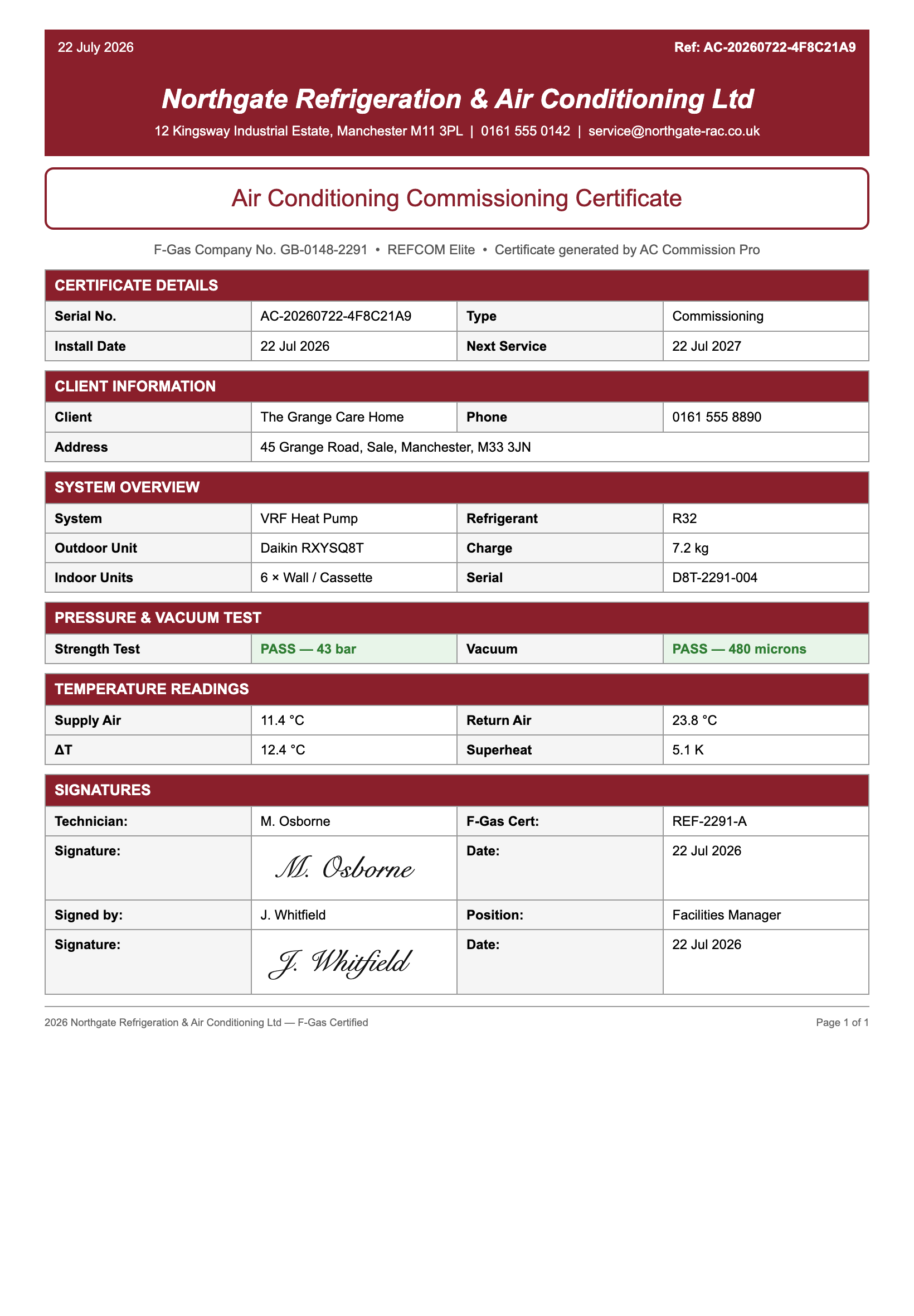 Refrigeration certificate in red