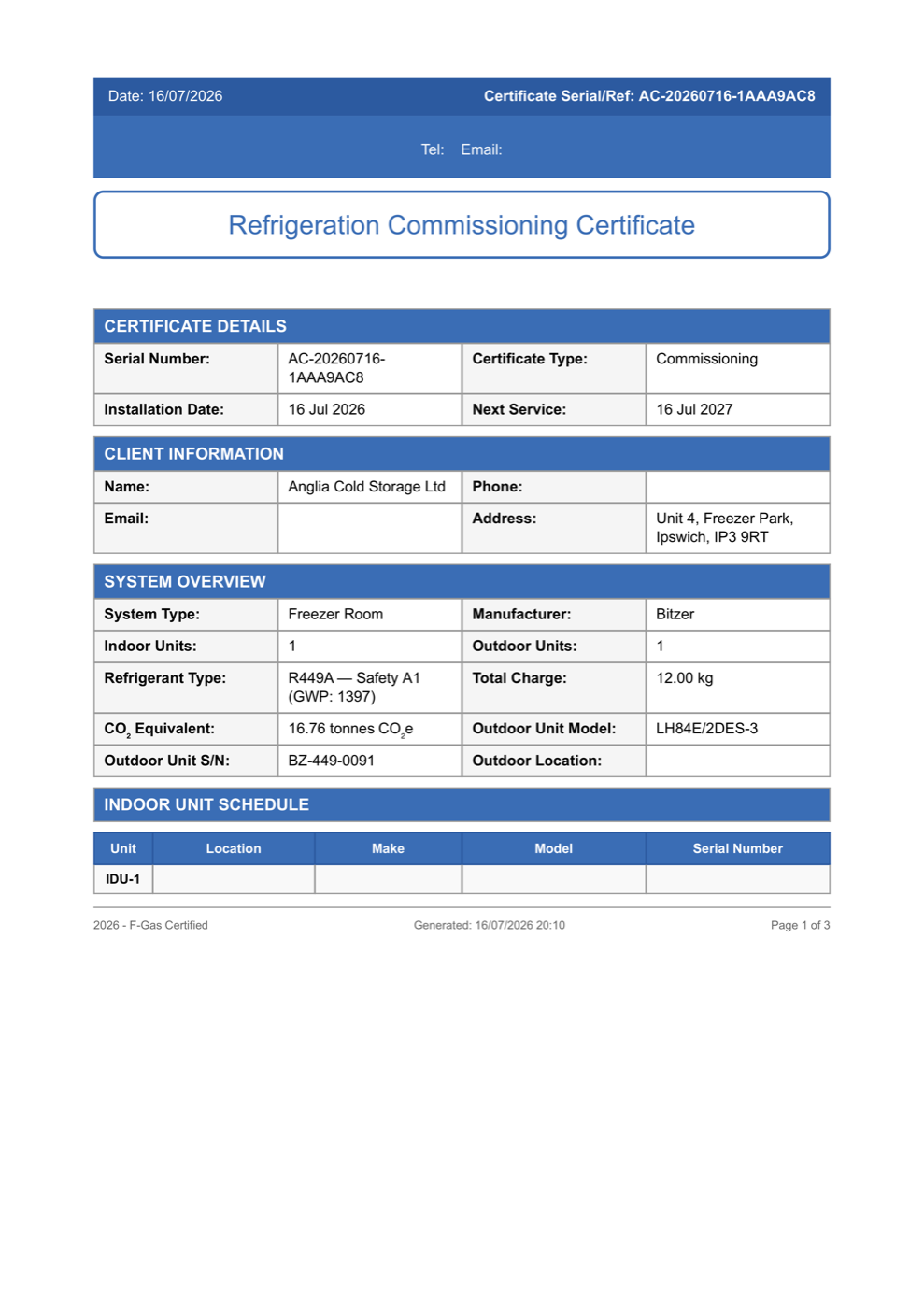 Refrigeration commissioning certificate produced by AC Commission Pro